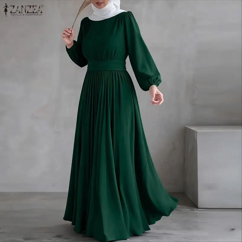 우아한 무슬림 아바야 드레스 ZANZEA 여성용 스타일리시한 솔리드 A라인 파티 드레스 O넥 긴팔 선드레스 라마단 로브 베스티도 카프탄