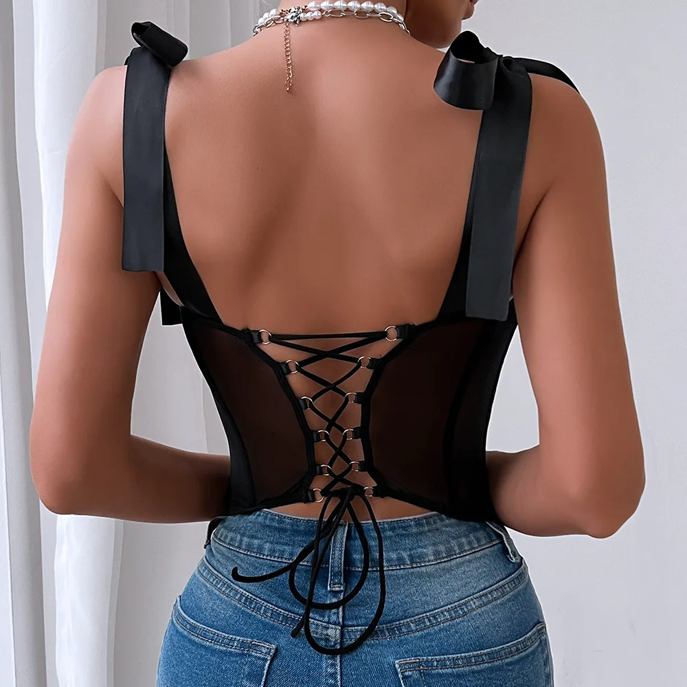 See through Mesh Corset Tops Sexy Lingerie Lace-up Bustier Camisole Women Sequin Slim Sleeveless Sling Tank Top Bones Vest Summe