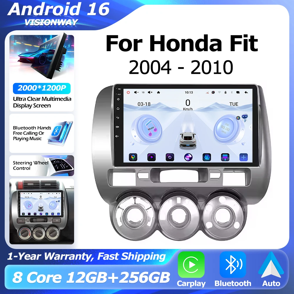 Android 16 For Honda Fit JAZZ 2004-2010 GPS Navigation Multimedia Player Auto Wireless CarPlay WIFI 4G DSP GPS RDS BT
