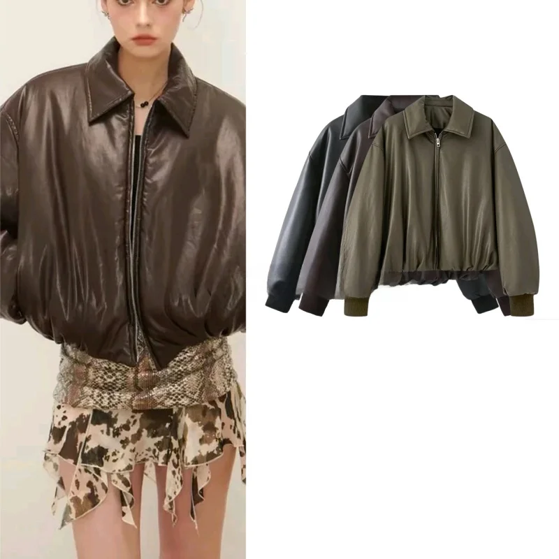 Manteau de moto en cuir PU pour femmes, col à fermeture éclair, Long Sve, coupe ample, fermeture éclair longue, nouvelle collection automne