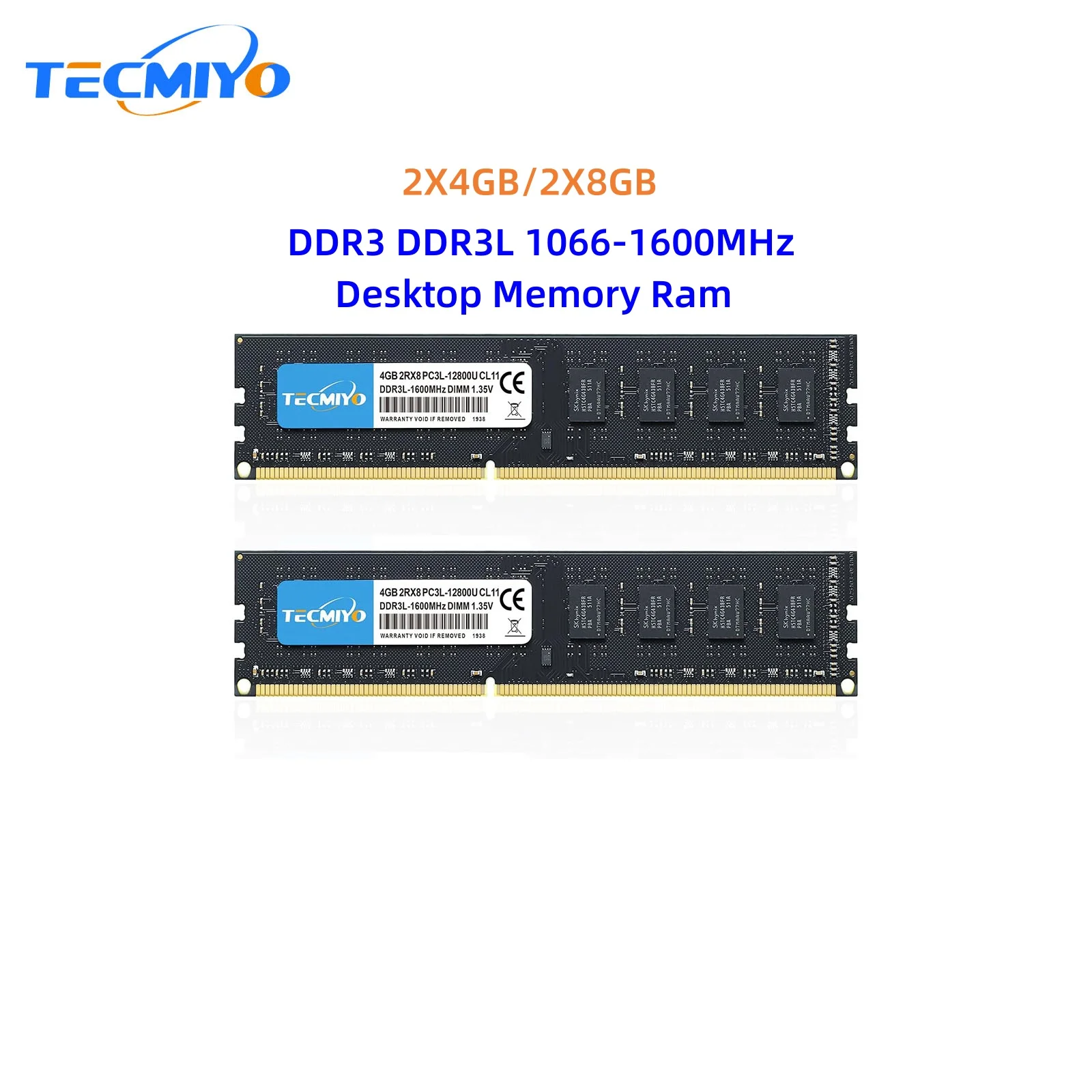 TECMIYO 2X4GB/2X8GB DDR3 DDR3L 1066-1600MHz Desktop Memory RAM 1.5V/1.35V PC3/PC3L-12800U PC3-10600U PC3-8500U Non-ECC - Black