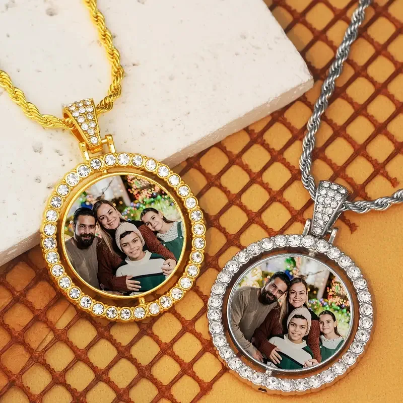 2025 Hip Hop Rotation Double Sided Round Photo Custom Pendant Heat Transfer Micro Frame Photo Frame Jewelry Necklace Gifts