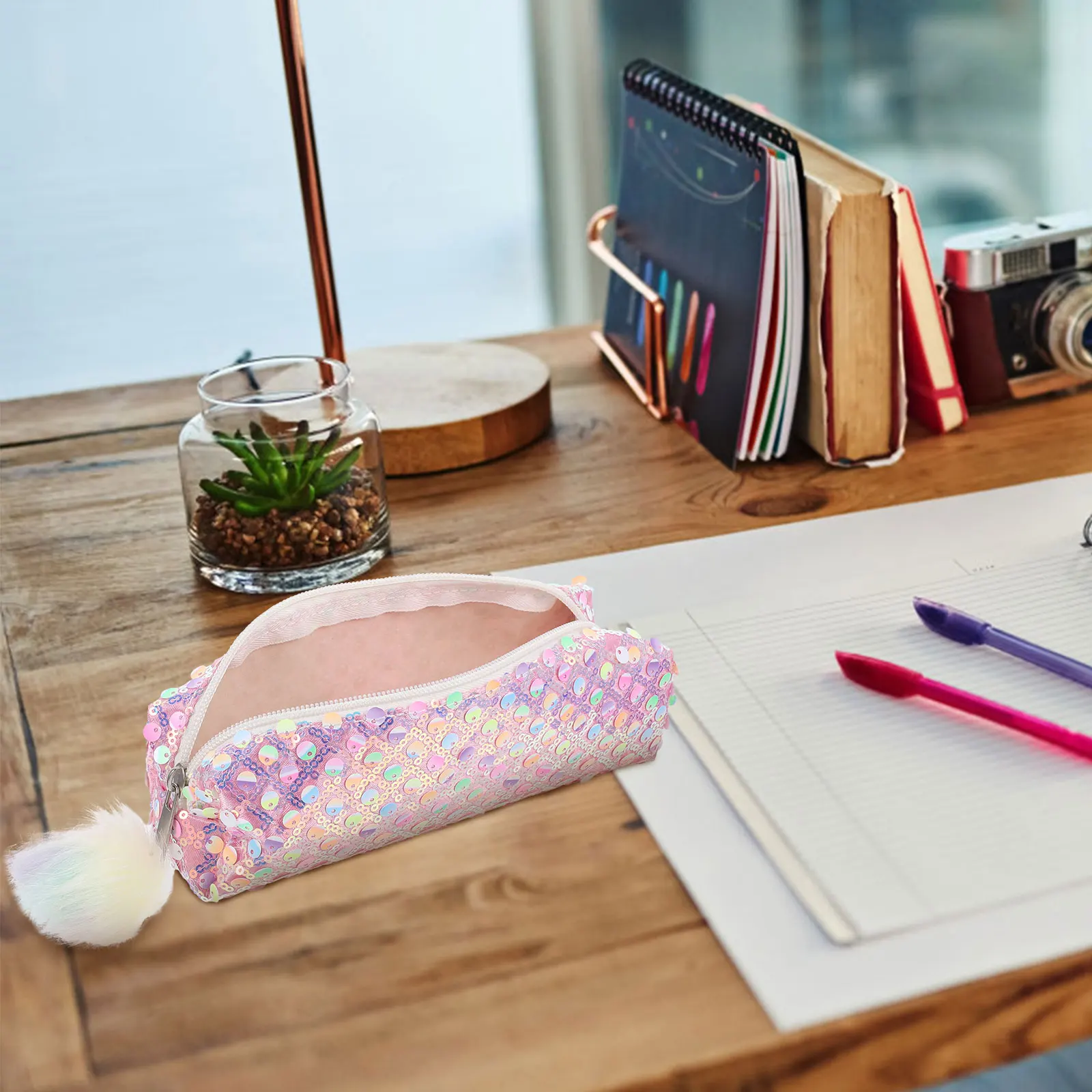 

Glitter Pencil Case Pink Shiny Pens Storage ganizer for Students Durable Polyester Washable School Supplies Art Materials