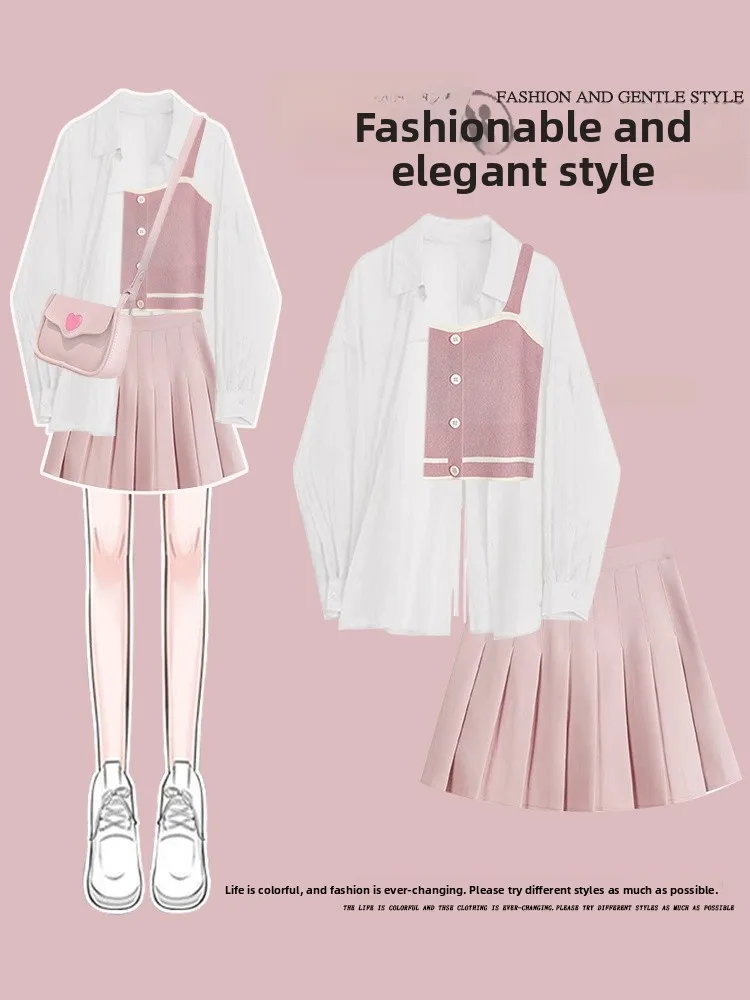 

Youthful Summer Pink Strap Vest Sun Protection Shirt College Style Half-length Skirt Set Fashionable Women's Ensemble