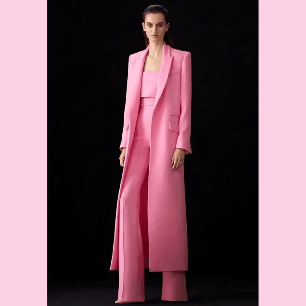 Women Suits Two Pieces Fashion Long Blazer+Wide Leg Pants Elongated Jacket Formal Prom Evening Custom Made Set