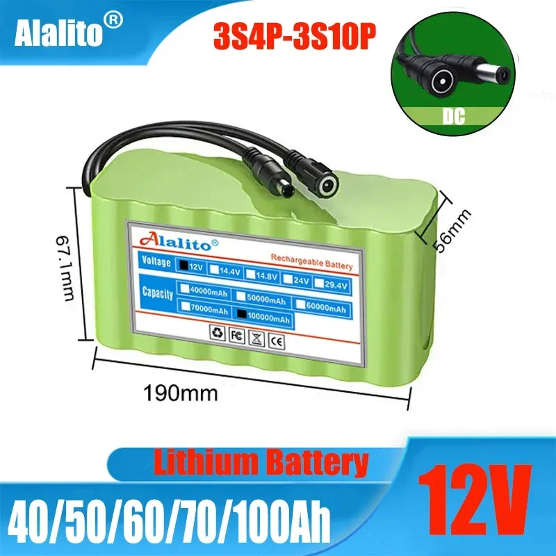 

12V 3S4P 50000mah battery 18650 Li-ion 50Ah Rechargeable batteries with BMS Lithium Battery packs Protection Board +Charger