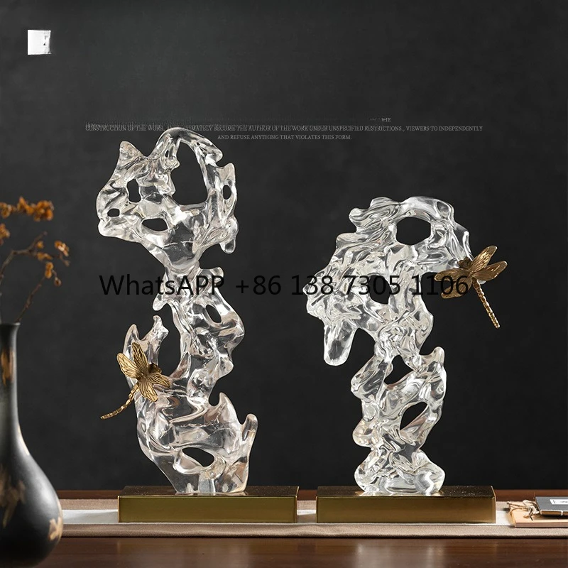 

Новый китайский прозрачный камень Тайху рокарий орнамент средневековая чайная комната дзен модель комнаты медная стрекоза орнамент