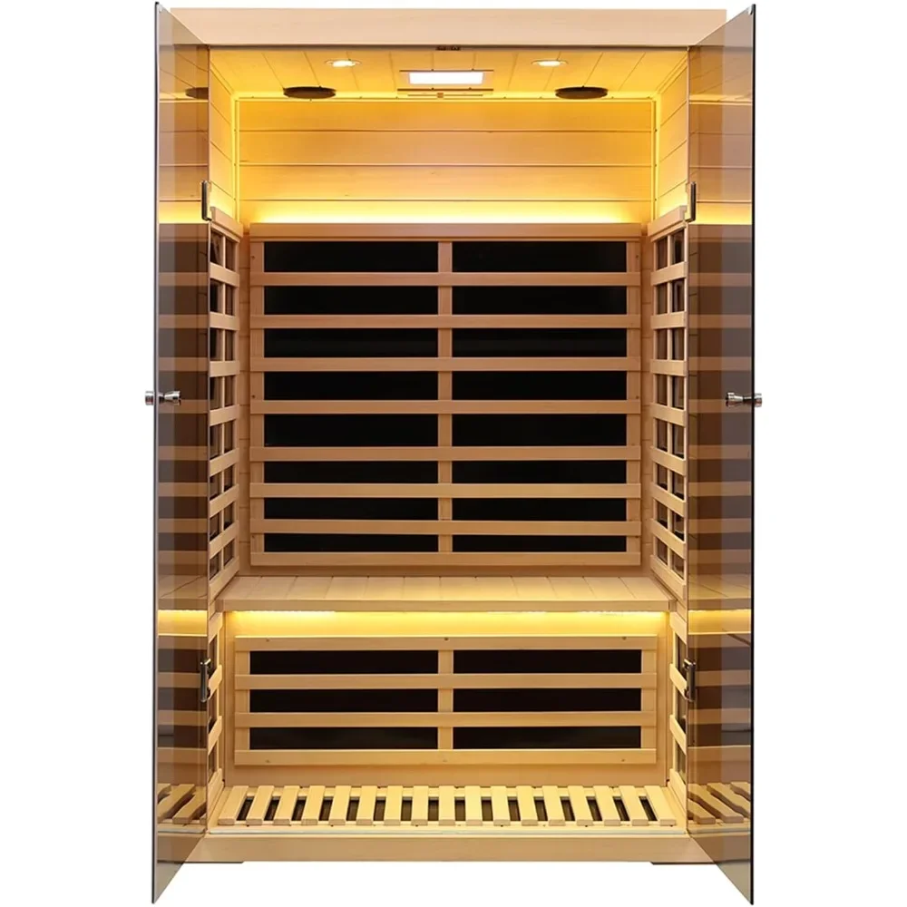 Hemlock 2-persoons lage EMF ver-infraroodsauna, thuisauna voor binnen, luxe deuren van gehard glas, 1780 W, app- en LCD-paneelbediening