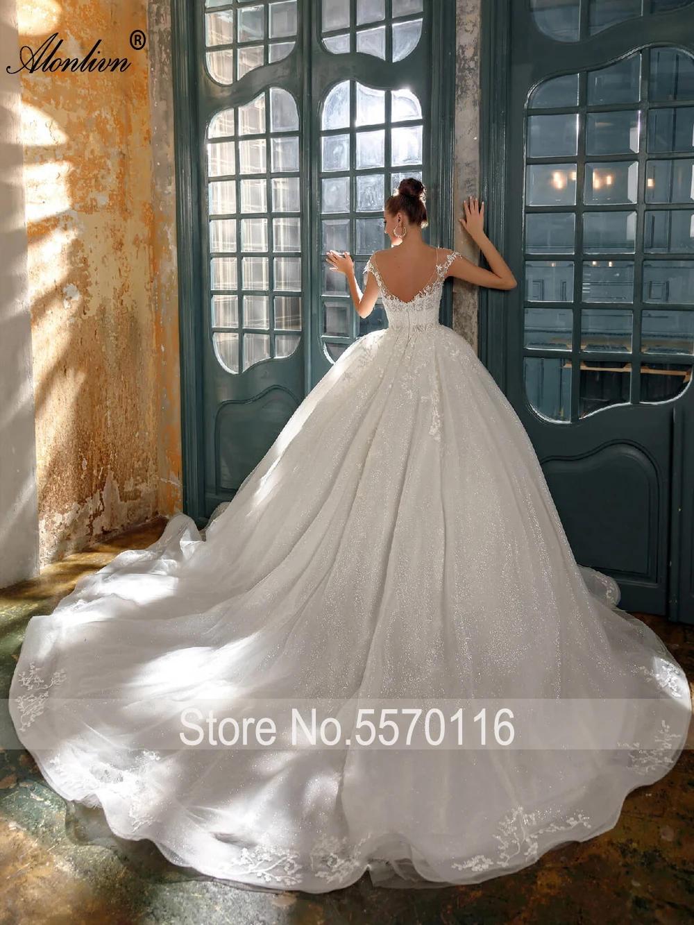 Alonlivn – robe de mariée scintillante, col rond, bouffante, tenue de bal élégante, jupes de mariée