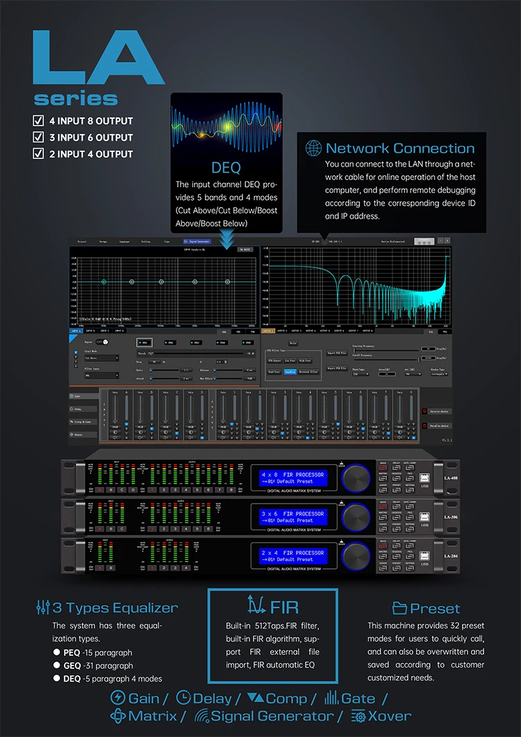 Paulkitson LA-408 Digitaler professioneller Audioprozessor, vier Eingänge, acht Ausgänge, 64-Bit-DSP mit Tannenlautsprecher, Bühnenaufführungssystem – Detail 2