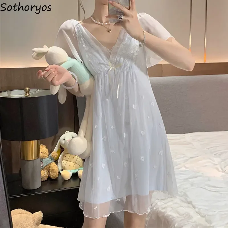 Nightgowns Women Lace Graceful Simple Daily Home Fashion Classics Elegant Vintage Korean Style Ladies All-match Casual Charming