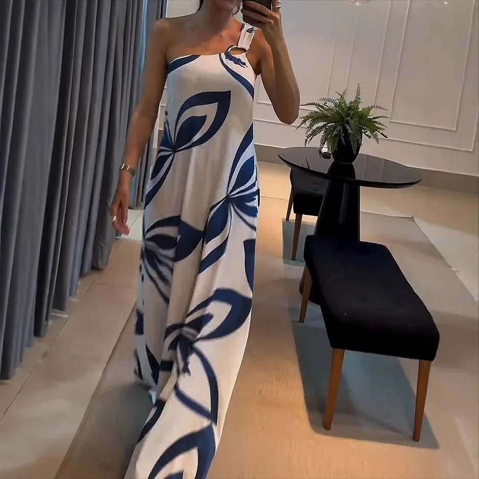 

Casual Summer Dress for Women New Slant Neck Fashion Printed Open Back Dresses Sleeveless Long Skirt Female Streetwear 2024