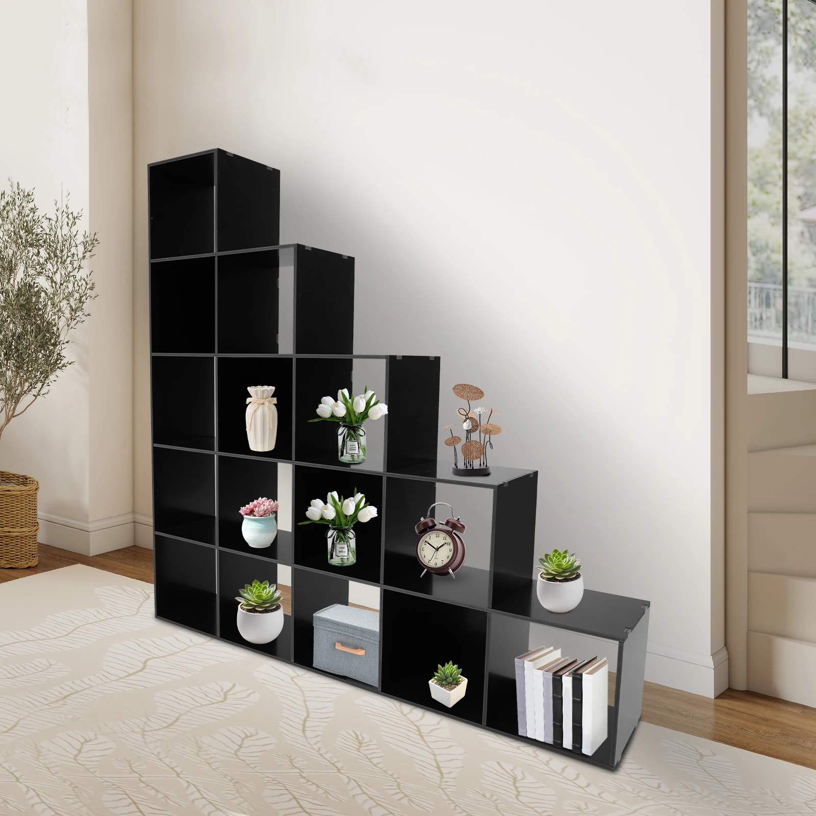 رف زاوية أسود على شكل حرف L من مادة PVC يتضمن تخزين 15 * مقصورات واسعة مع ألواح خلفية، سعة 154.32 رطلًا 146*28*146 سم