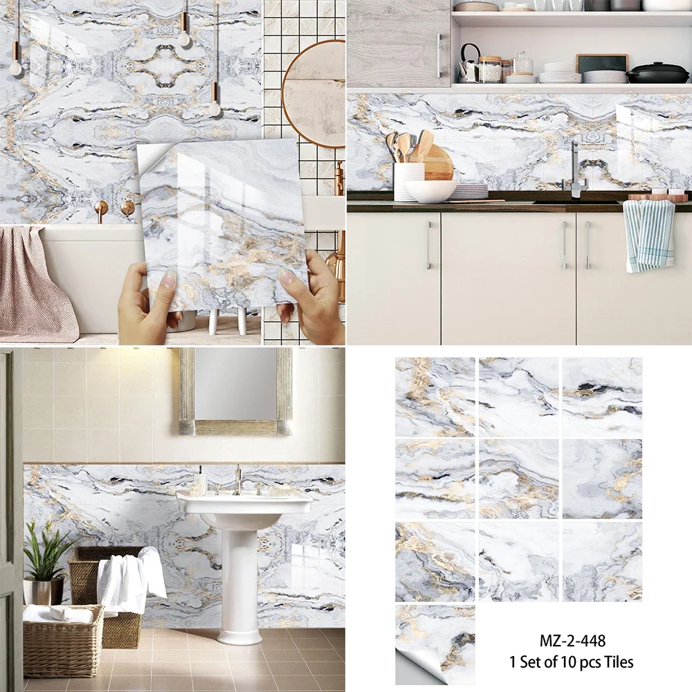 10 Stück Fliesenaufkleber im amerikanischen Stil mit goldenem Marmormuster, Küchenrückwand, ölbeständig, wasserdicht, Kunst-Wandaufkleber – Detail 29