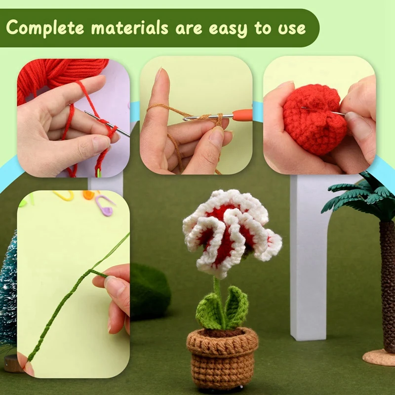 Complete Crochet Kit Spare Parts For Beginners,6 Pcs Crochet Potted Flowers Kit With Step-By-Step Instructions Video Tutorials