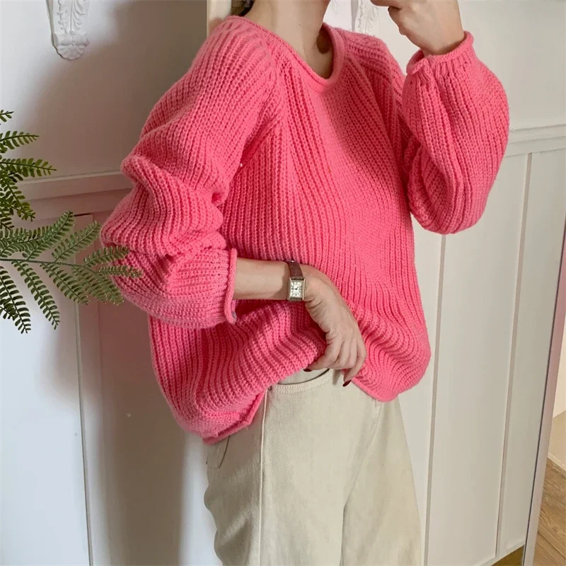 

Корейские элегантные свитера с круглым вырезом, женские осенне-зимние однотонные джемперы, повседневные свободные универсальные топы с длинными рукавами, трикотаж