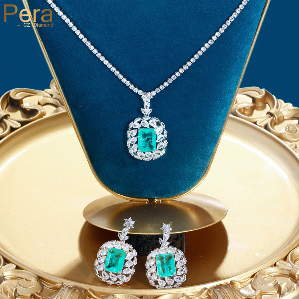 Pera Luxury Wedding Party Sets Big Statement Drop Necklace Earrings Light Blue CZ Stone Silver Color Jewelry for Women J538