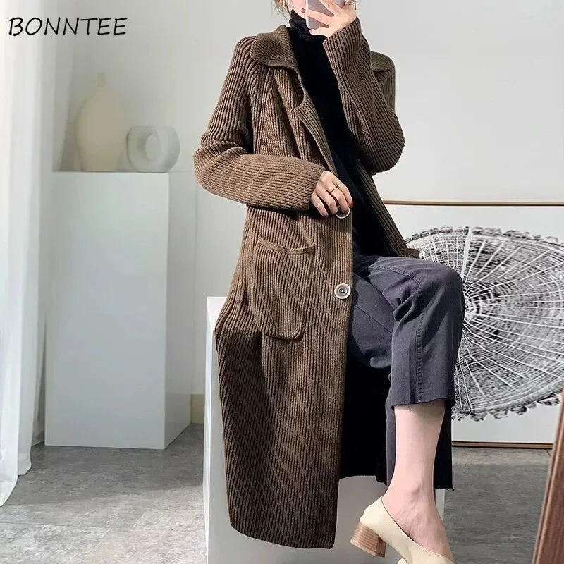 

Long Style Knitted Cardigans Women Thicker Single Breasted Solid Color Pockets Korean Loose Coats Autumn Winter Keep Warm Soft