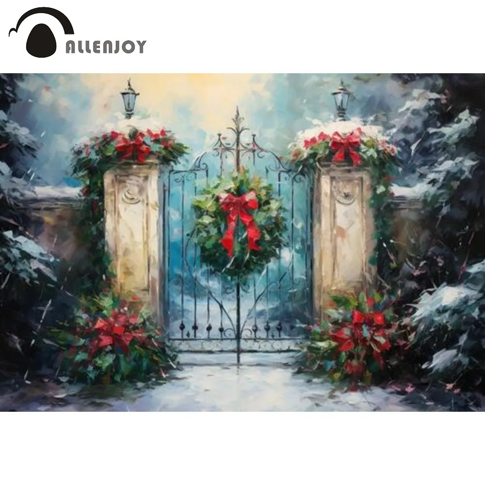 Allenjoy Christmas Garland Gate Photography Backdrop Christmas Garden Oil Painting Photo Background Winter Portrait Photo Props