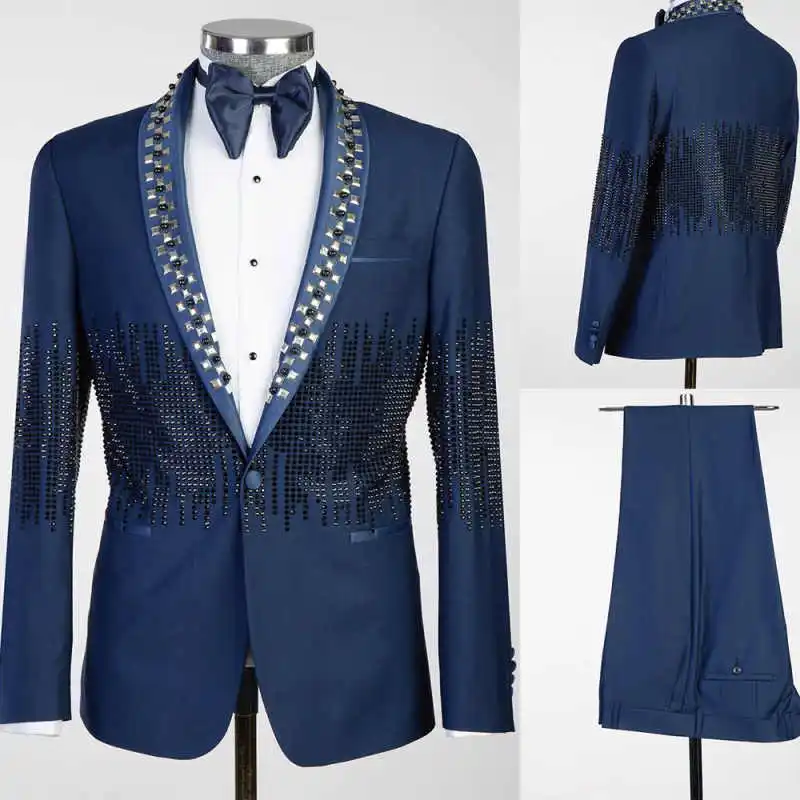 

Gorgeous Rhinestone Wedding Groom Tuxedos Shawl Lapel One Button Men Suits 2 Pcs Jacket Pants Business Evening Party Customized