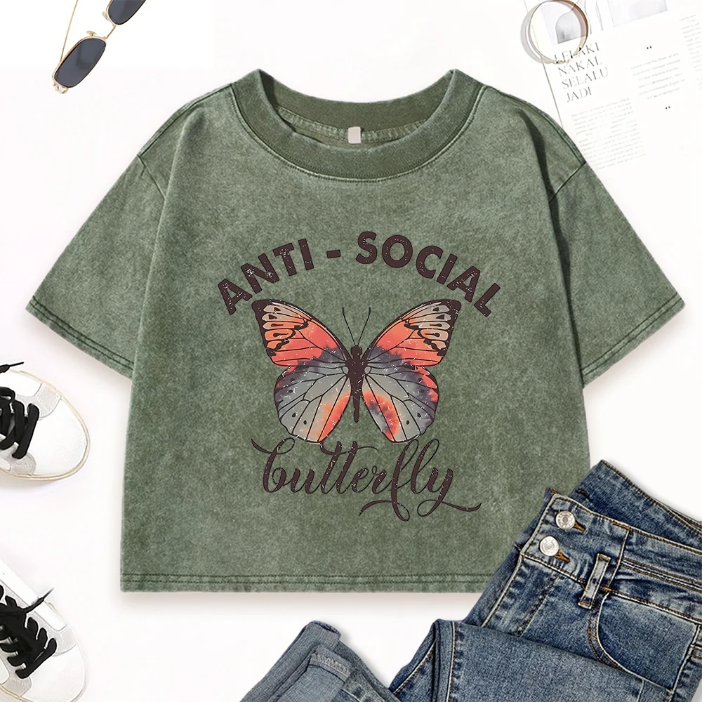 Anti Social Butterfly Print Women Washed T Shirts Hip Hop Summer T-Shirt Casual Crewneck Clothes Comfortable Cotton Crop Top
