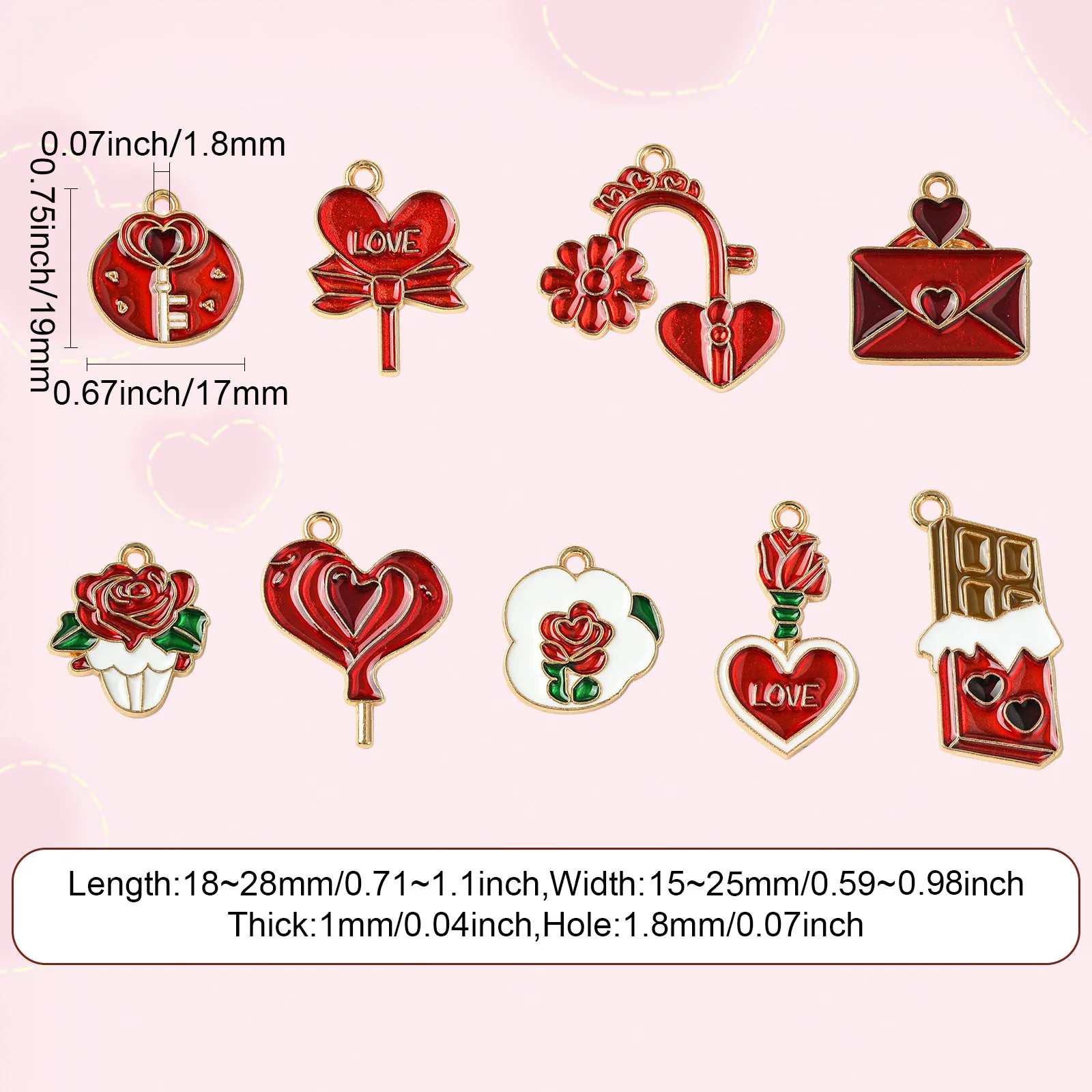 45Pcs 9 Styles RedSeries Valentine Enamel Valentine's Day Charms Sweet Love Heart Charms for Bracelet Necklace Earrings Making