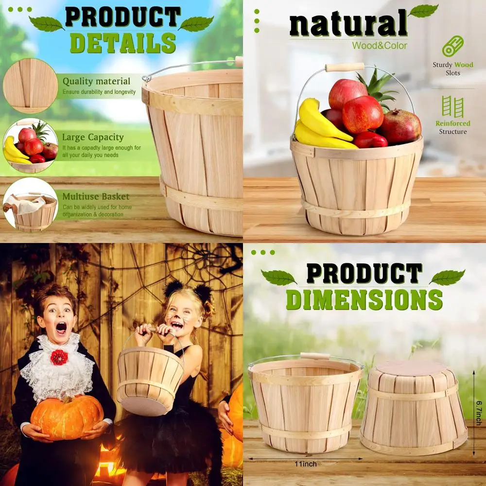 

Набор из 11 больших круглых деревянных корзин диаметром 6,7 дюйма с ручками, ручной работы, для фермерских рынков, яблок и использования в помещении/на улице