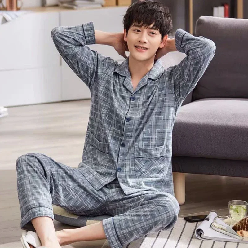 

Men Sleep Male Seleeve Pajama Night Pijama 2 Suit Home Long Soft 2021 Wear Pyjama New Pcs Set Hombre Sleepwear Clothing Casual