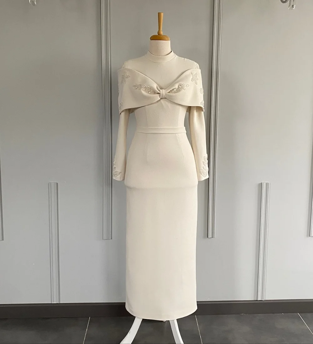 

Customized Matching Jersey Pleat Bow Sequined Pattern Straight High Collar Long Dresses Bespoke Occasion Sizes Available