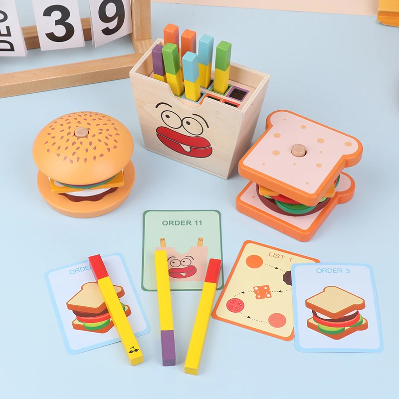 Montessori Toy For Kids,Wooden Hamburger Sandwich French Fries Sorting Stacking Toys, Preschool Learning Pretend Play Food Toy