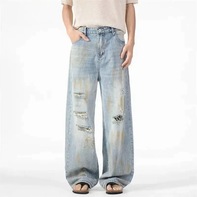 

Refined Men's Wide Leg Jeans American Style Casual Distressed Faded Wash Paint Splatter Streetwear Denim Long Pants