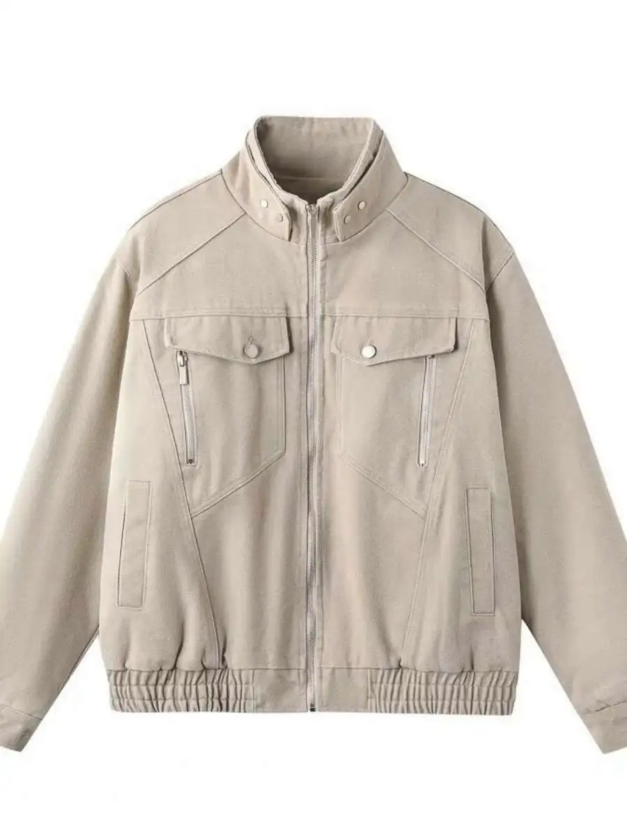 

Мужская повседневная куртка из плотного холщового материала цвета хаки в американском стиле, с воротником-стойкой, свободного кроя, из искусственной кожи, для весны и осени, трендовая, брендовая.