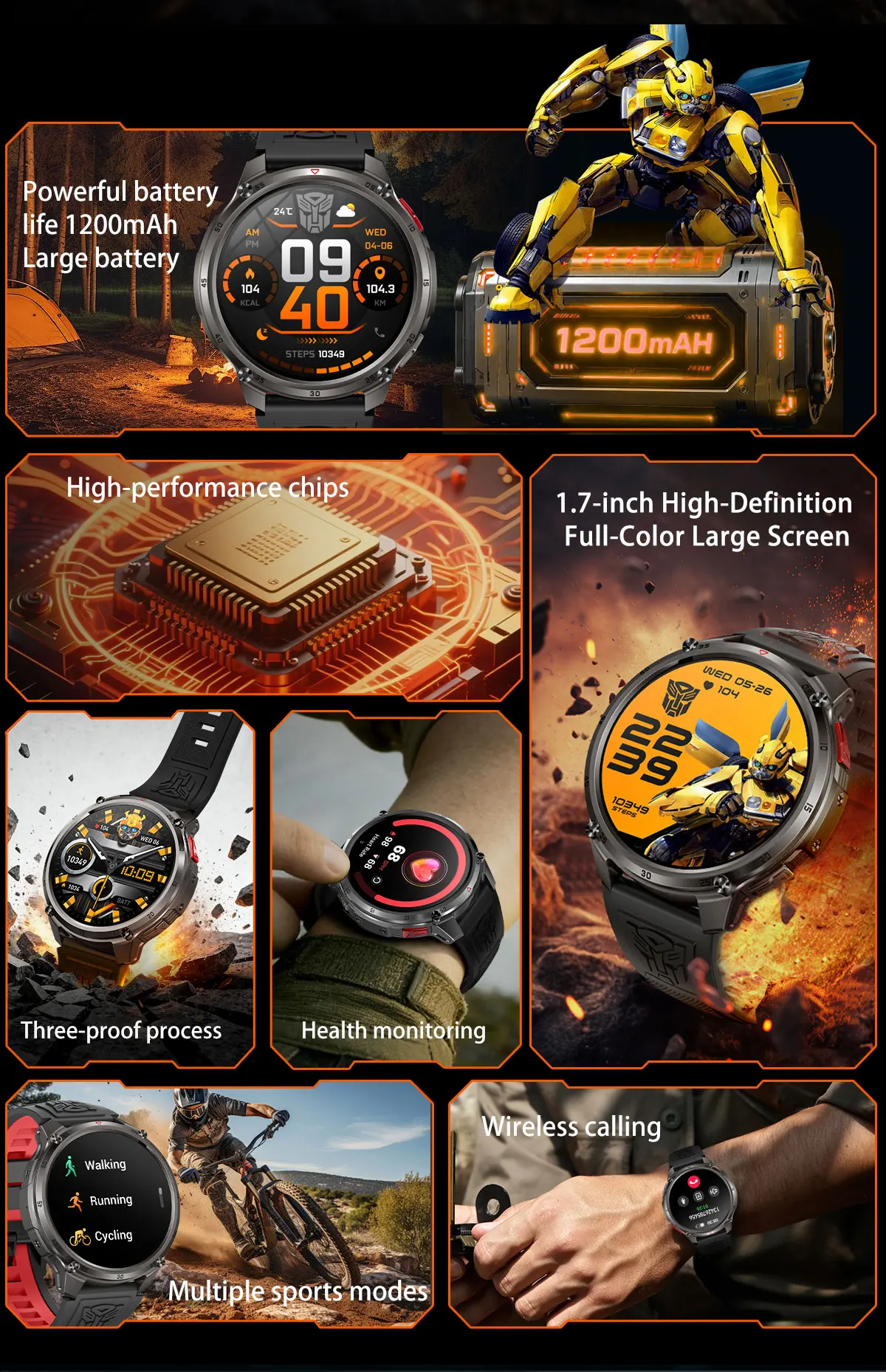 2026 Neue T-RX5 1200mAh Akku Smartwatch für Herren 1,7" HD-Bildschirm Kompass Taktische Taschenlampe IP68 Wasserdicht BT-Anruf Militäruhr – Detail 2