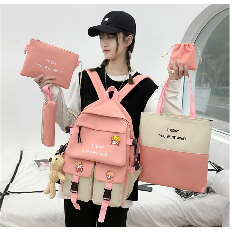 Korean Style 5 in 1 Student Backpack Set Contrast Color Large Capacity School Bag Combo Casual Travel Daypack for Teenage Girls