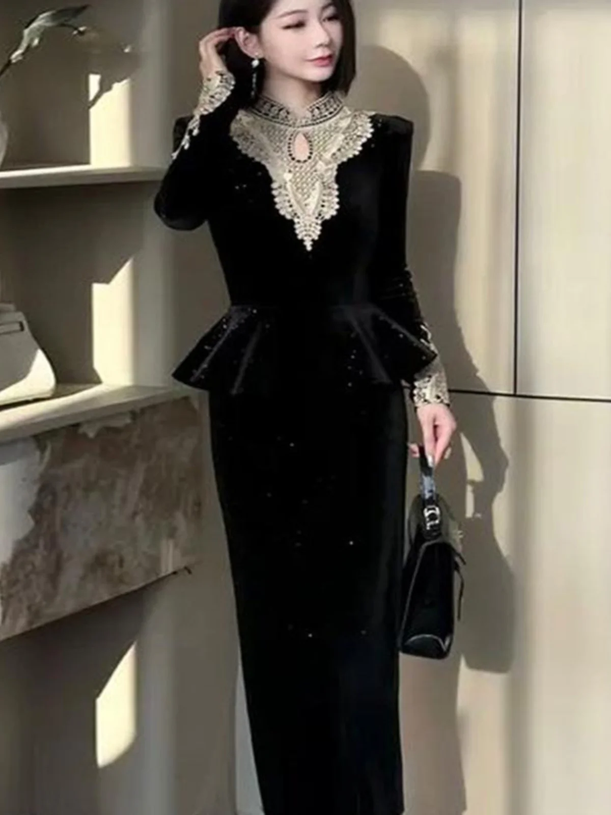 Retro Midi Dr Farbe Blo Abnehmen Sammelt Herbst Winter Neue Sle Faionable Dr Hohe Taille Polyester Faser Lange Sve