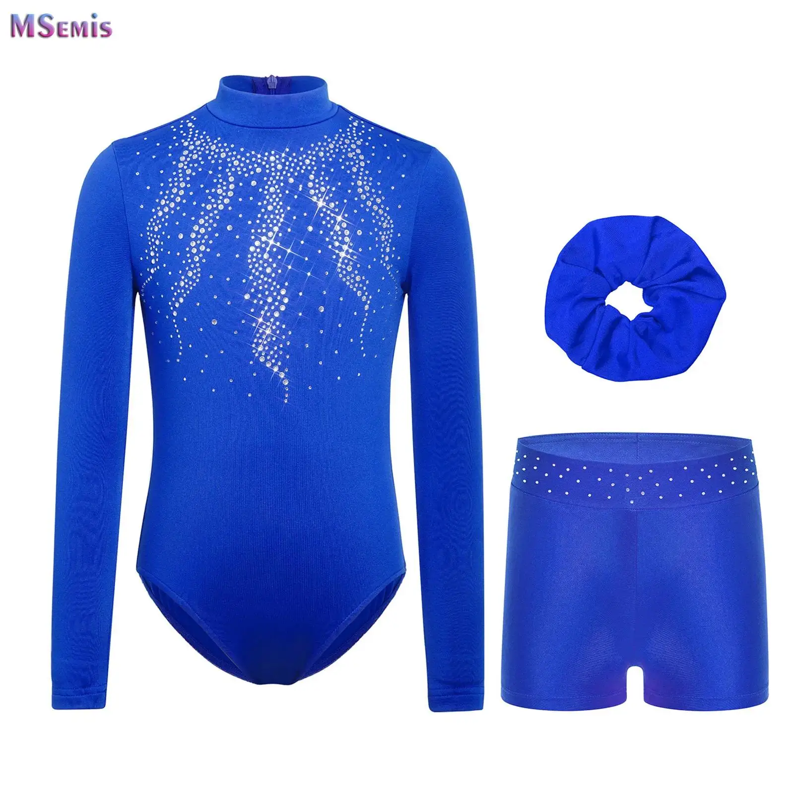 

Girls Gymnastics Leotards Long Sleeve Sparkly Ballet Dance Unitard Biketard With Shorts Hairband Three-piece Activewear Set
