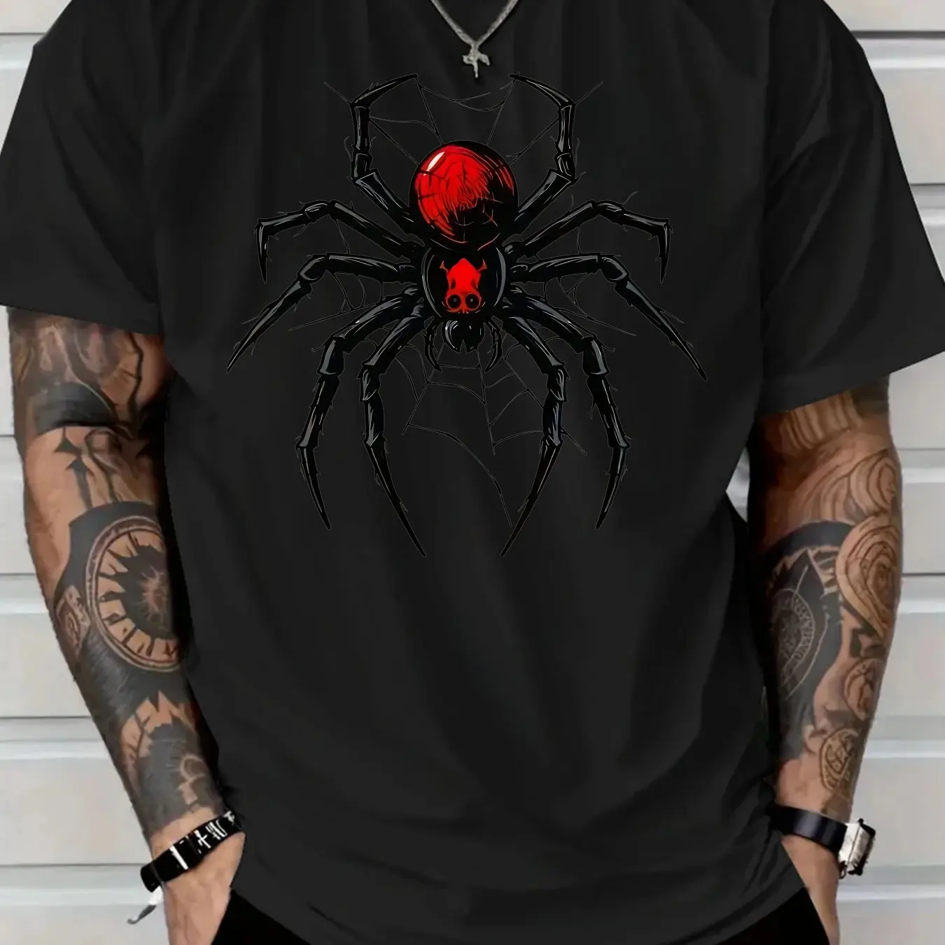 2025 Men New Casual Pure Cotton T-Shirt Featuring A Striking Red and Black Spider Design with Intricate Web Details Men Clothing