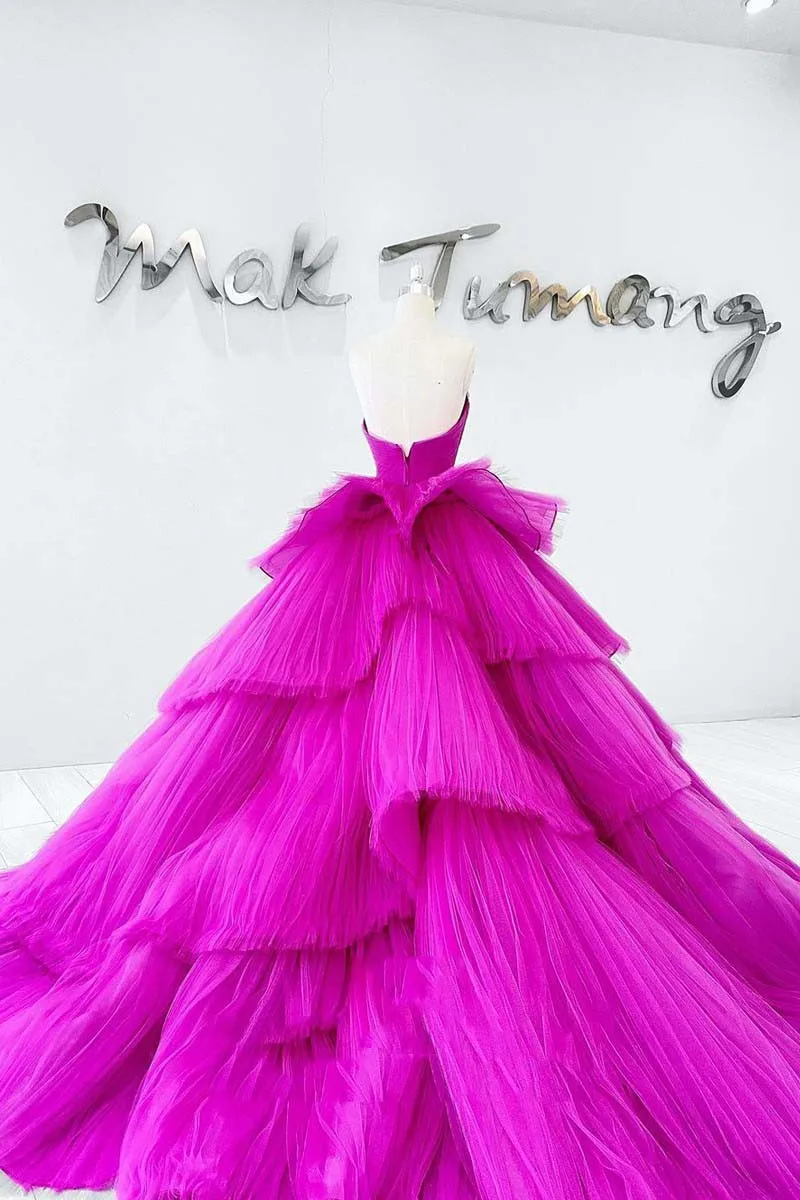 Dreamy Fuchsia Tiered Puffy Tulle Wedding Gowns Ruffles Mesh Long Prom Gowns Shiny Crystal Beaded Bridal Dress