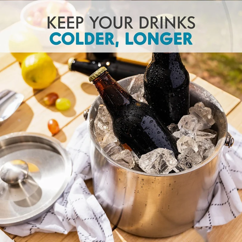 BAAG-Secchio per il ghiaccio (3 litri) Secchiello per il ghiaccio isolato a doppia parete in acciaio inossidabile con coperchio e paletta, secchielli per il ghiaccio per feste, maniglia