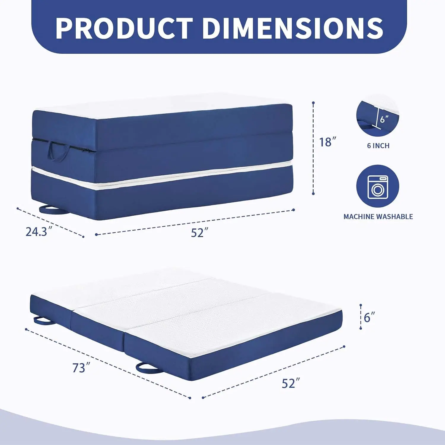 Full Size 6-Inch Trifold Foldable Mattress, White Futon Mattress for Murphy Bed
