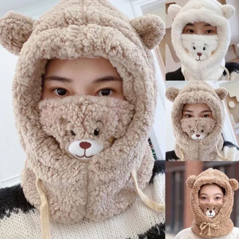 

New Cute Bear Scarf Hat Earflap Hat Winter Warm Thickened Plush Cap Outdoor Windproof Ear Protectors Hats with Warm Mask