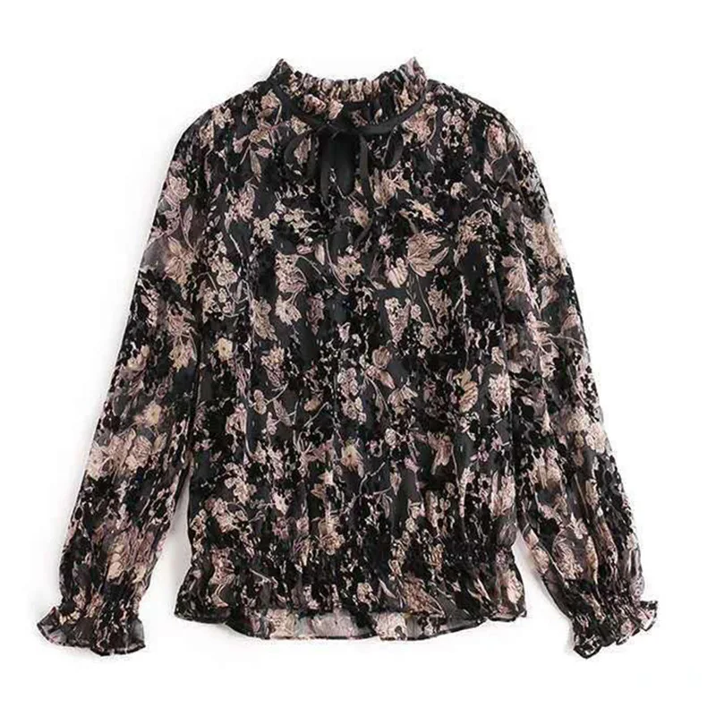 Vintage Printed Ruffles Lace Up Bow Floral Blouse Women\'s Clothing 2023 Autumn New Casual Pullovers Chiffon Office Lady Shirt