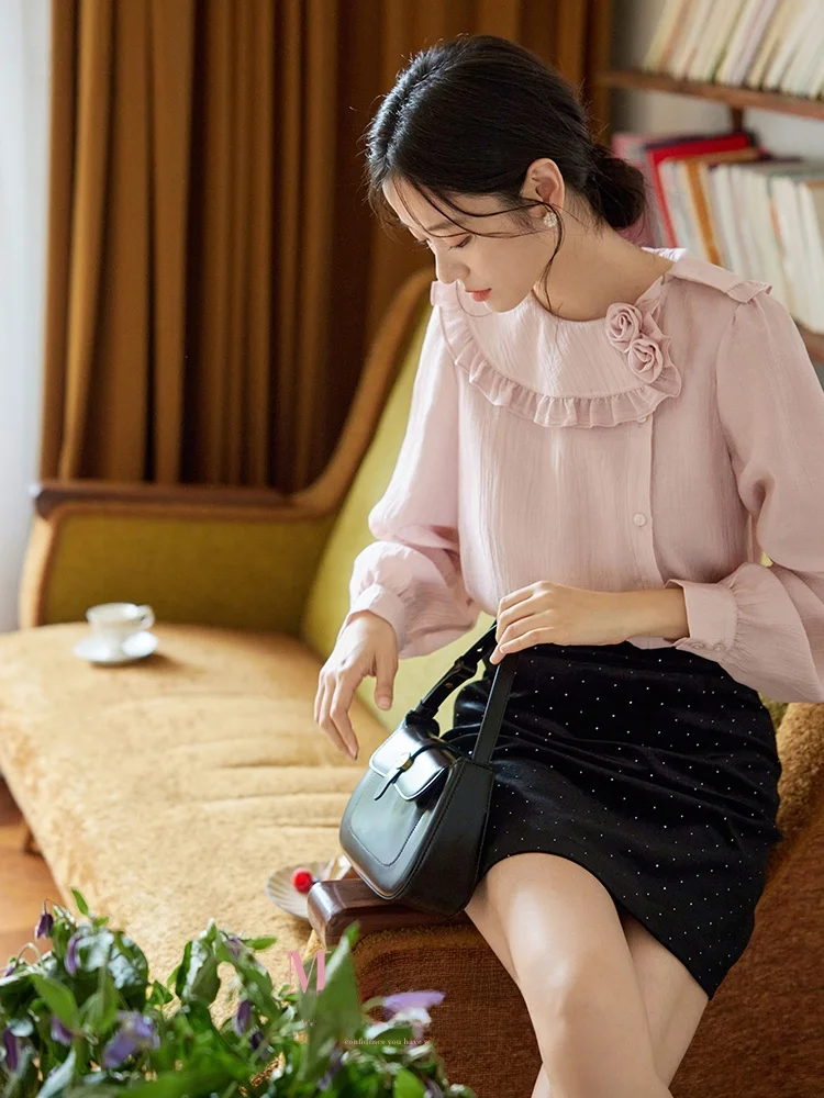 

Moriirose Pink Beige Large Collar Flower irt Women's Autumn Vintage Long Sve Ele Top Straight Tube Bubble Sve