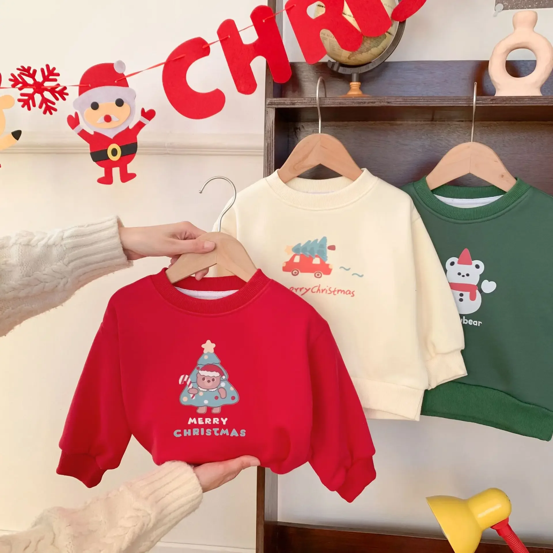 Christmas Kids Sweatshirts Autumn Winter Children\'s Plush Christmas Children\'s Clothing Baby Cartoon Warm Sweatshirts Tops