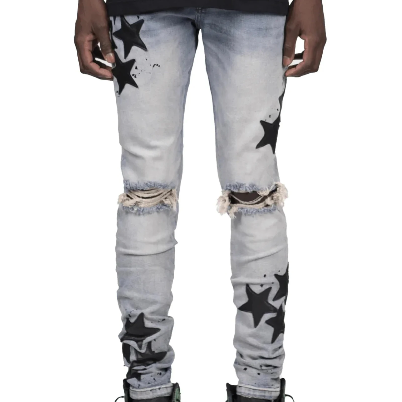 กางเกงยีนส์ทรงสลิมฟิตผู้ชายสตาร์ริปลำลองกางเกงยีนส์กลางสำหรับสวมใส่ทุกวันกิจกรรมกลางแจ้งสตรีทแวร์