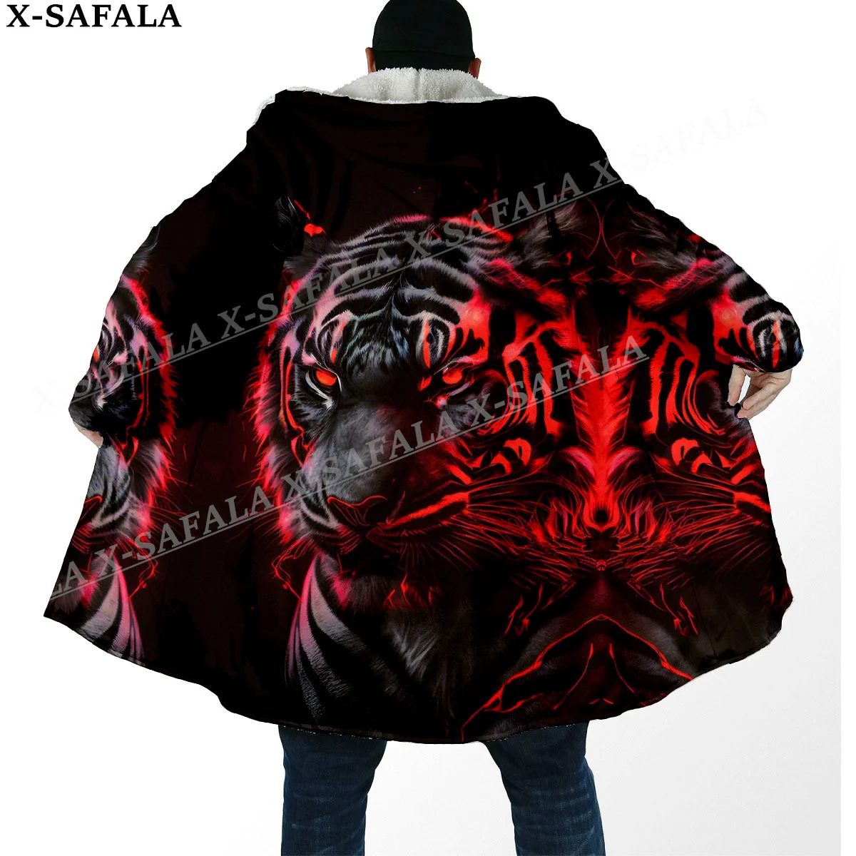 Mythology Tiger The King Spirit Thick Warm Hooded Cloak Men Overcoat Coat Windproof Fleece Cape Robe Hooded Blanket-84