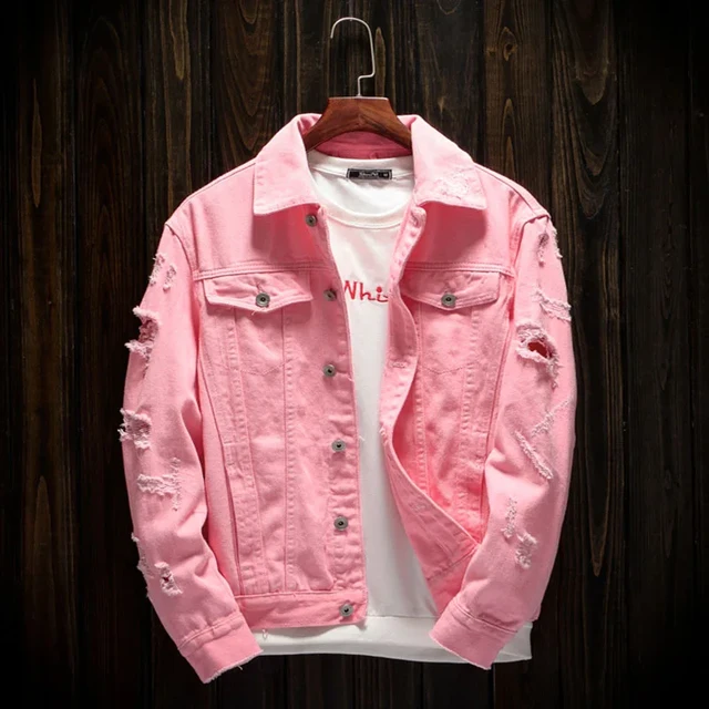 Men Pink Denim jackets Outerwear Jean Coats New Spring Autumn Men Holes Jena Jackets Men Slim Denim Jackets Size 4XL