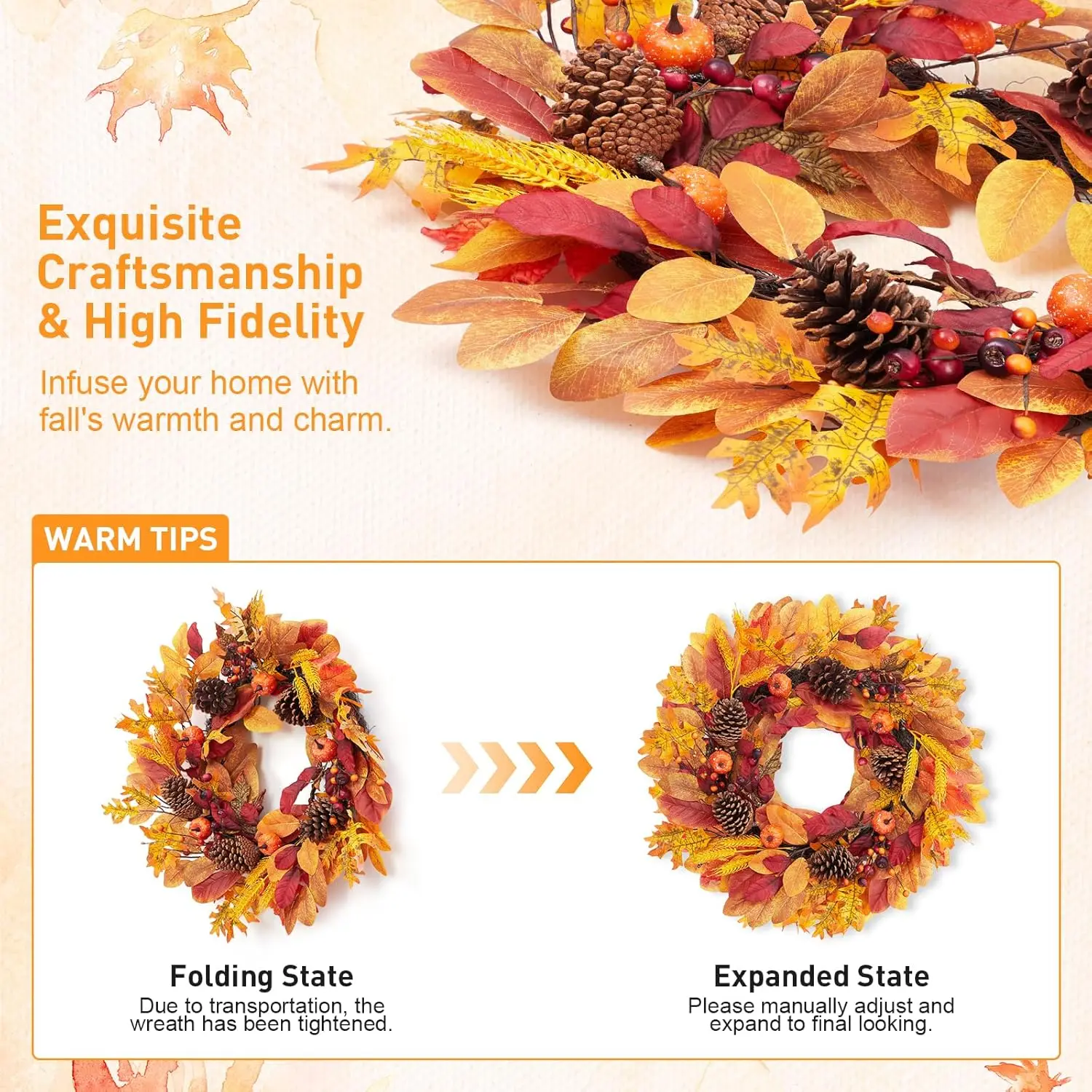 Fall Front Door Wreath 24” Artificial Wreath with Pumpkins, Maple Leaves Berries, Wheat, Fall Orange Wreath for Front Door Wall