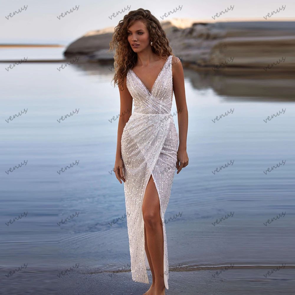 

Modern Wedding Dresses Glitter Bridal Gowns Sequin Appliques Sleeveless Sexy High Slit Robes Vestidos De Novia Customized 2025