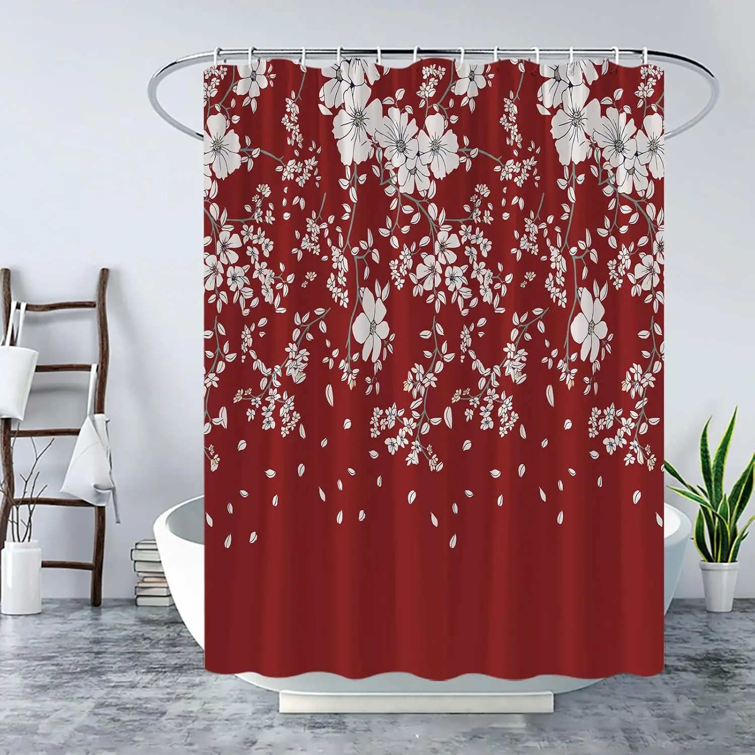 

Burgundy Red Floral Shower Curtain Weeping Flower Retro Elegant Botanical Women Vine Blossom Cute Petals Aesthetic Art Bath